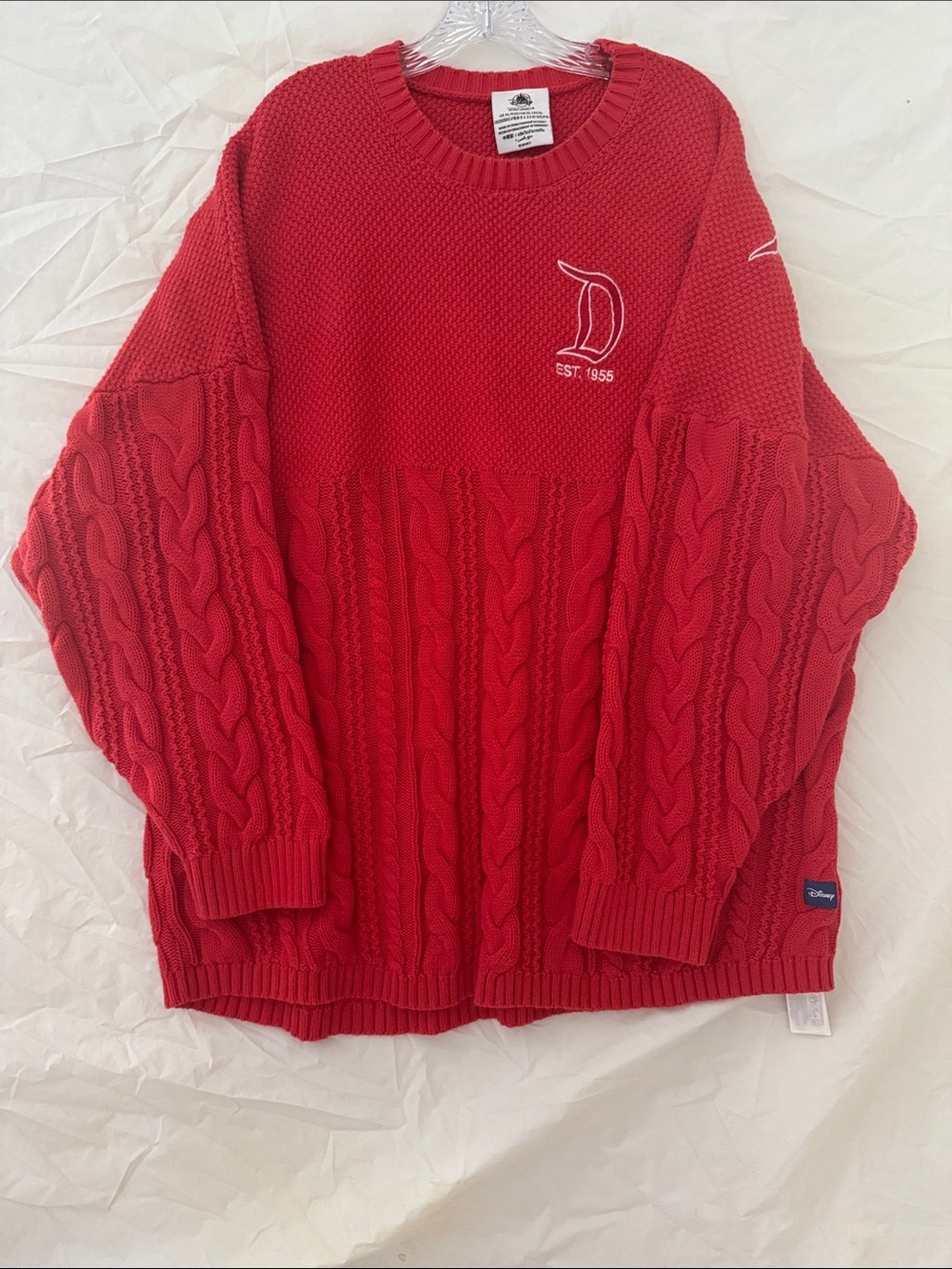90’s Oversized Disney Red Cable-Knit Crewneck Spirit Jersey Embroidered Sweater